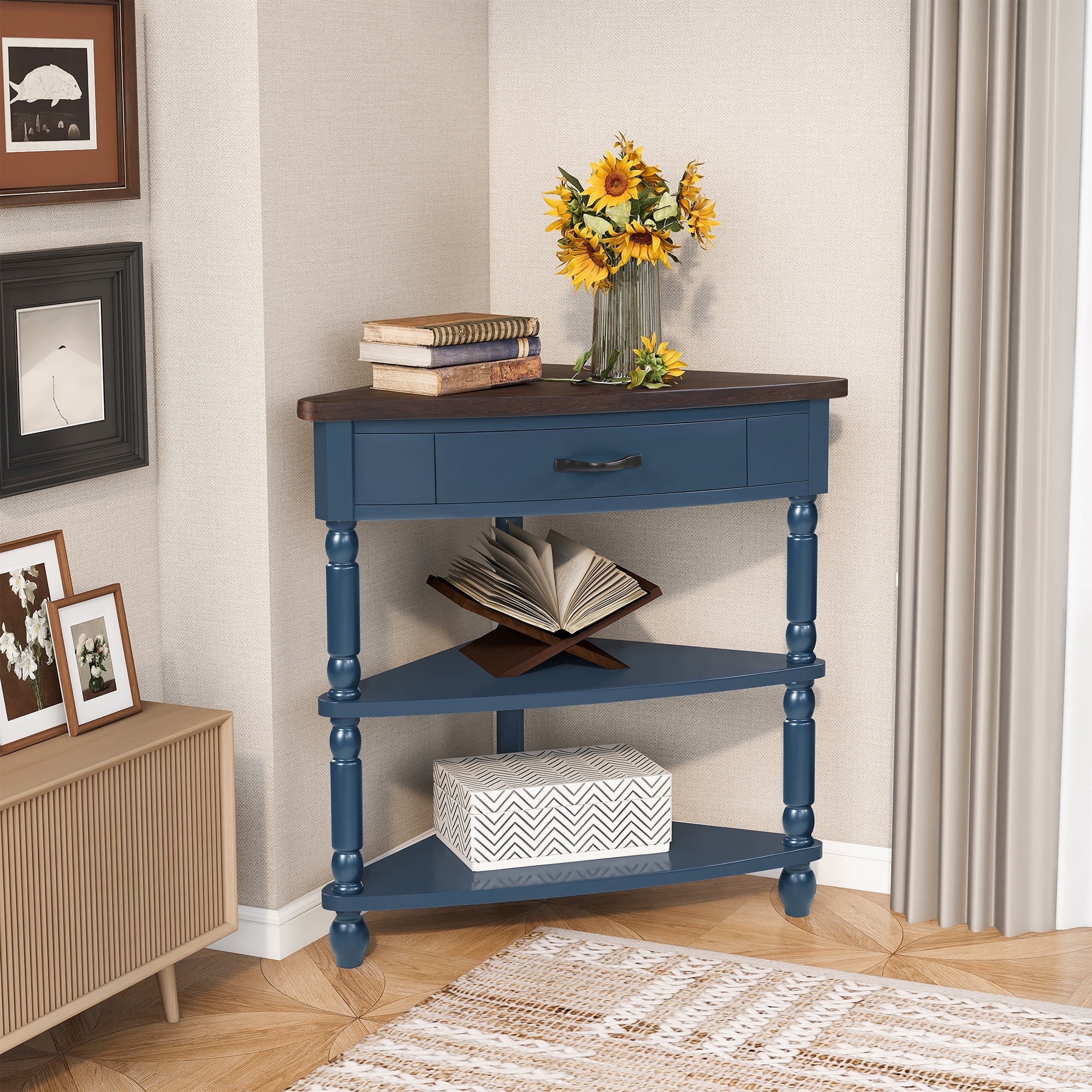 3-Tier Corner Stand, 34"Wood Corner Table with Open Shelves and Drawer, Space Saving Storage Organizer, Display Shelf for Living Room,Kitchen,Bathroom