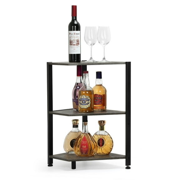 3-Tier Corner Storage Shelf, Industrial Freestanding Corner Rack with Black Metal Frame & Rustic Wood Finish, for Bathroom, Living Room, Kitchen