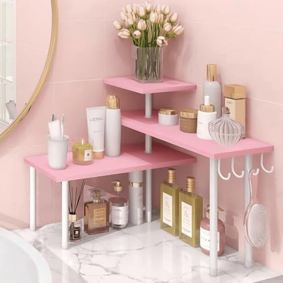 3-Tier Counter Organizer Shelf for Bathroom, Corner Shelf for Countertop, Over Sink, Make Up, Dresser Table, Desktop - Pink