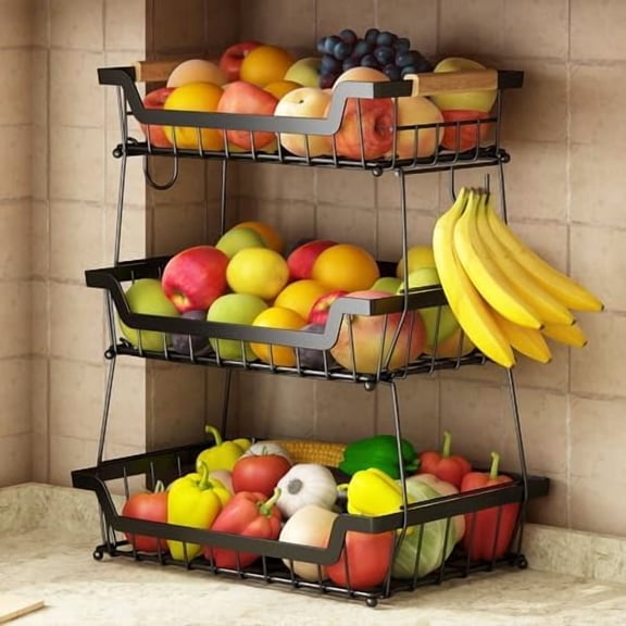 3 Tier Countertop Fruit Basket with 2 Banana Hangers for Kitchen, Detachable Metal Organizer for Bread Vegetable Fruits with Wooden Handle, Large Capacity Rectangular Storage Stand Bowls, Black