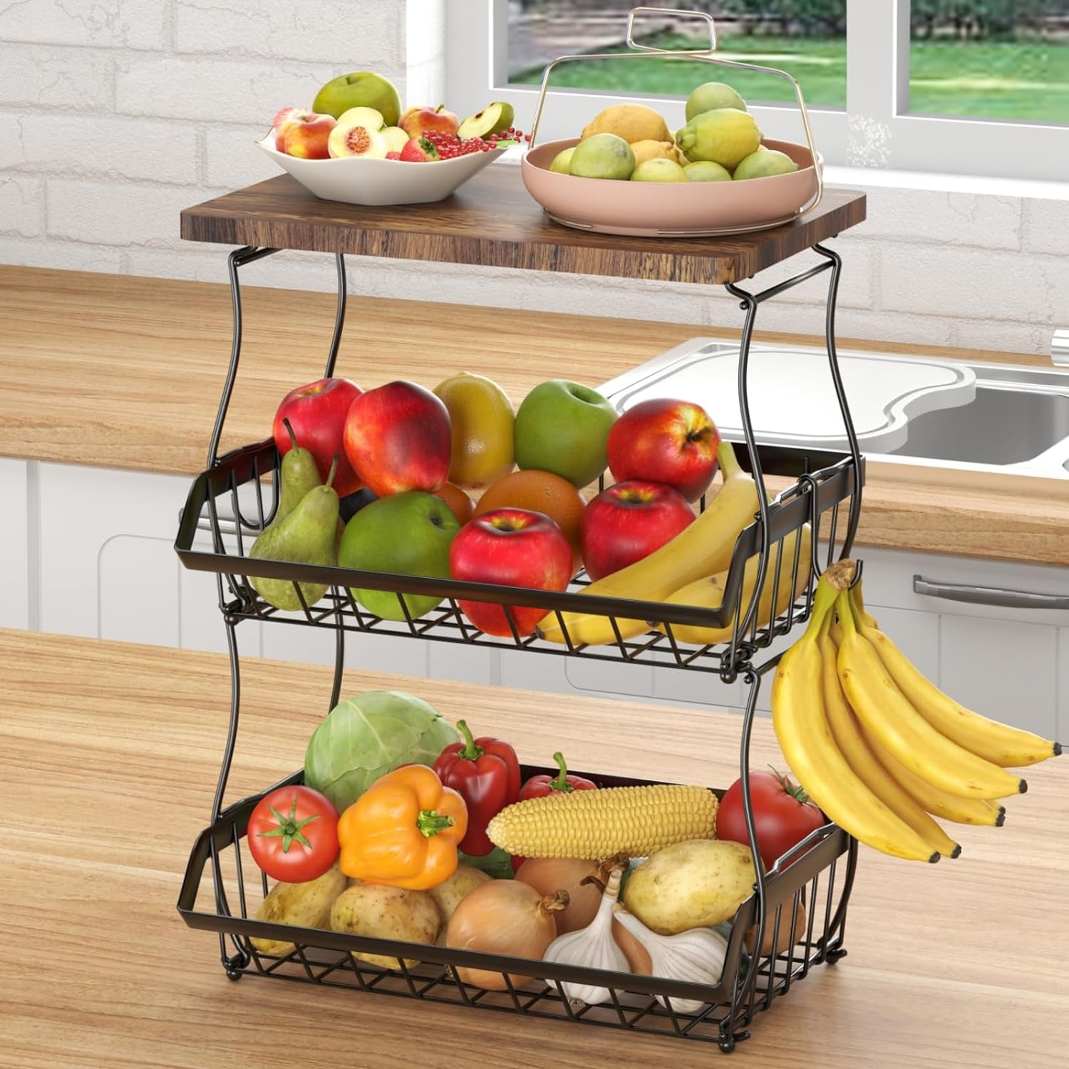 3 Tier Countertop Fruit Basket Bread Bowl with Wooden Top for Kitchen