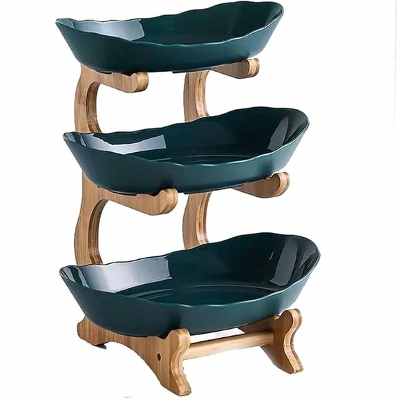 3 Tier Countertop Fruit Basket Organizer, Ceramic Vegetable Organizer with Bamboo Frame Cute Kitchen Display for Fruits and Veggies Space Saving