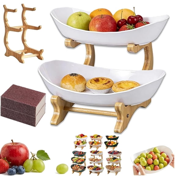 3 Tier Countertop Organizer,3 Tier Countertop Fruit Basket Organizer, Three Tier Oval Fruit Basket with Bamboo Stand, Fruit Bowl for Kitchen Counter, Space-Saving Organizer