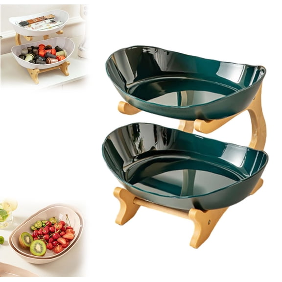 3 Tier Countertop Organizer, Ceramic Fruit Bowl, Cute Kitchen Basket Set, Veggies Tray Snacks Nuts Bread Candy Storage Holder with Bamboo Frame for Vegetable Display (Green-2-Tier)