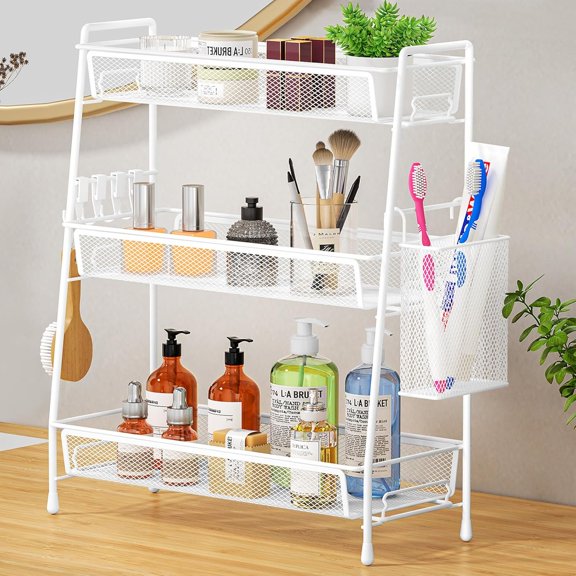 3 Tier Countertop Organizer, Metal Wire Vanity Organizer Storage, Mesh Sink Shelf Rack with 360 Rotating Basket, Black