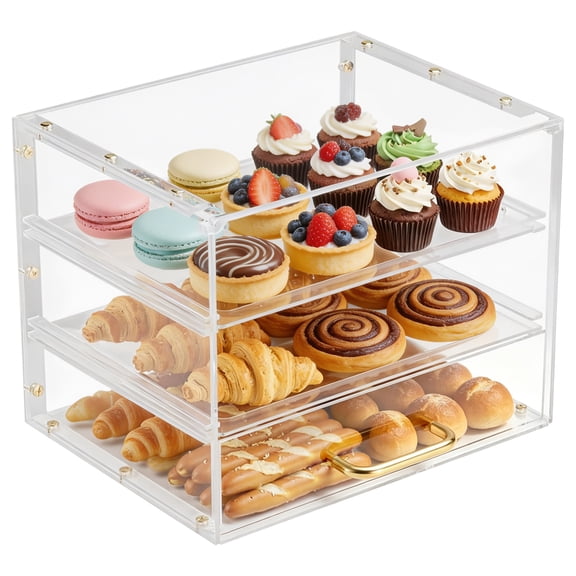 Gijjgole 3‑Tier Acrylic Pastry Display Case, Clear Countertop Bakery Display Cabinet with Flip‑Up Door & Slide‑Out Trays, Impact‑Resistant Acrylic Dessert Holder for Cupcakes, Macarons, Bread for Hom