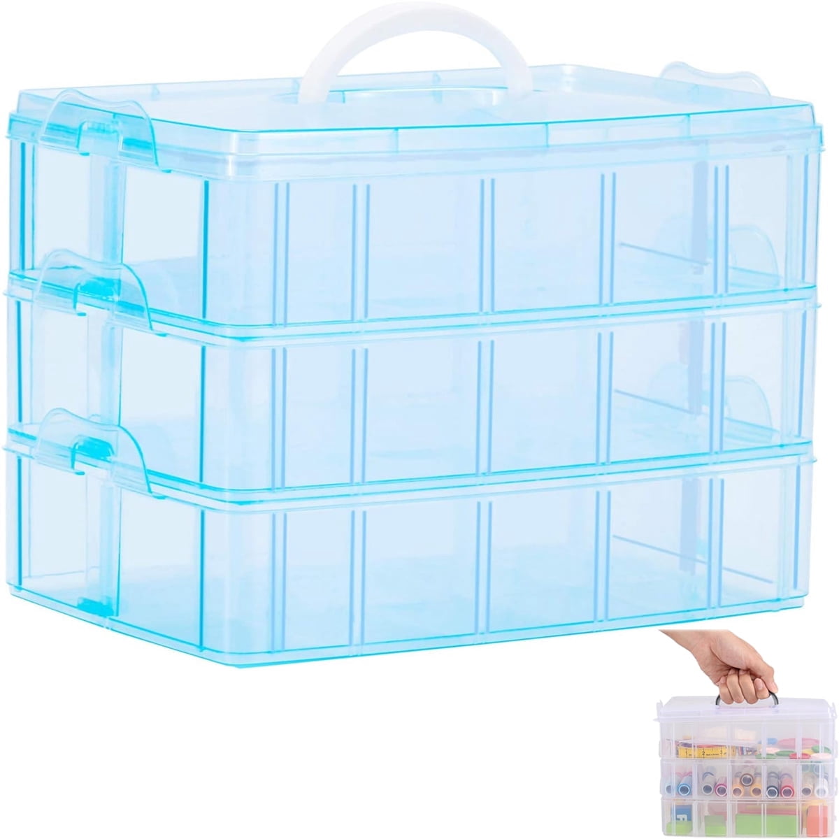 3 Tier Craft Storage Box 30 Adjustable Compartments Clear Plastic Stackable Organizer Container For Beads Jewelry (blue )