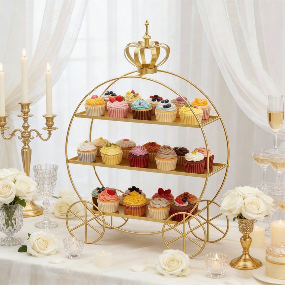 3-Tier Crown Carriage Cake Stand with Wheels - Gold Metal Cupcake and Dessert Display Tower for Weddings, Afternoon Tea, and Party Table Decor
