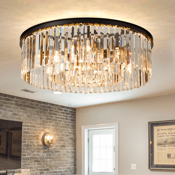 3-Tier Crystal Flush Mount Ceiling Light Fixture, 24-inch Diameter Black Iron Chandelier with 16-inch Chain, Convertible Flushmount/Hanging, 9E12 Base