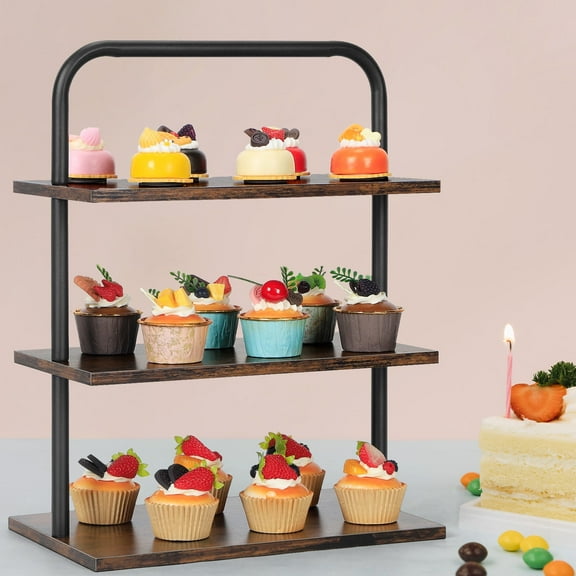 3-Tier Cupcake Stand for 50+ Cupcakes, Large Wood & Metal Dessert Display Tower with Handle, Farmhouse Party Serving Tray for Wedding, Birthday, Vendor Table