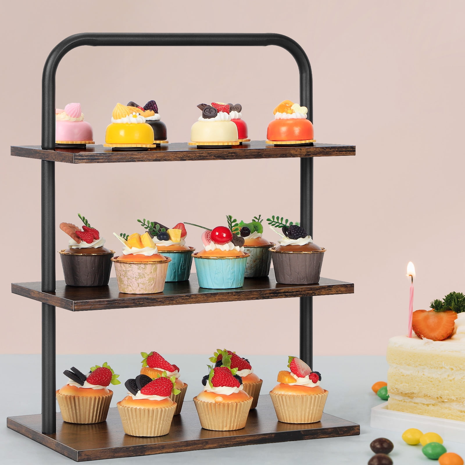 3-Tier Cupcake Stand for 50+ Cupcakes, Large Wood & Metal Dessert Display Tower with Handle, Farmhouse Party Serving Tray for Wedding, Birthday, Vendor Table