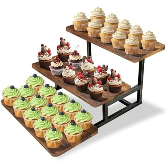 3 Tier Cupcake Stand for 50 Cupcakes,Wood Metal Riser Dessert Table Display Stand,Rustic Stepped Cupcake Ladder Tiered Tray Stand for Party Farmhouse Wedding Birthday Graduation