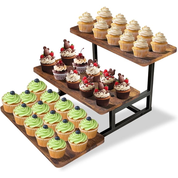 3 Tier Cupcake Stand for 50 Cupcakes,Wood Metal Riser Dessert Table Display Stand,Rustic Stepped Cupcake Ladder Tiered Tray Stand for Party Farmhouse Wedding Birthday Graduation