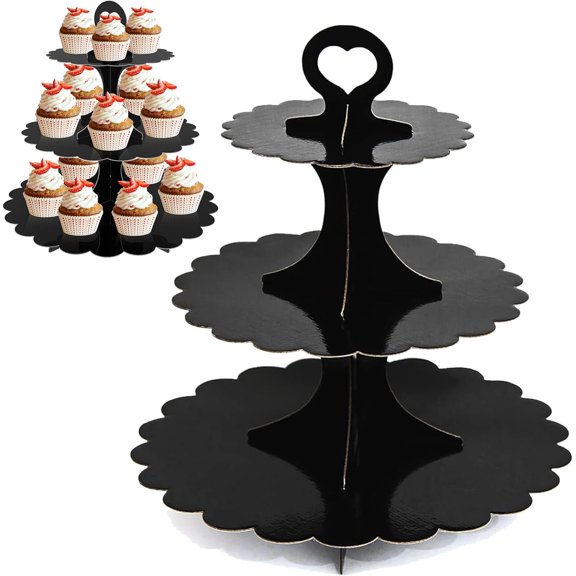 3-Tier Cupcake Stand, Black Cardboard Dessert Display Tower, Heart Handle Scalloped Edge Party Serveware for Wedding Birthday Baby Shower, Multi-Layer Design, Easy Assembly (2-Pack)