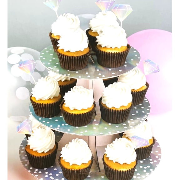 3-Tier Cupcake Stand Iridescent Polka Dots Party Table Centerpiece - 9.75" X 12" Wide