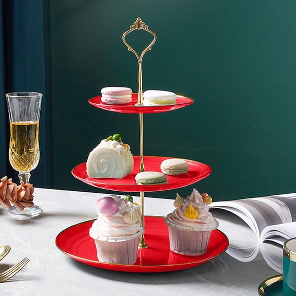 3 Tier Cupcake Stand, Plastic Tiered Serving Stand, Dessert Tower Tray for Tea Party, Birthday and Wedding (Round-gold edge)