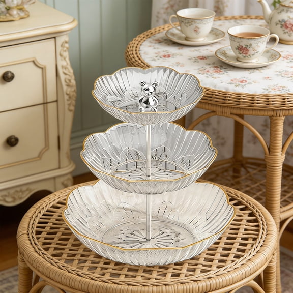 3-Tier Cupcake Stand Tower, British Style Serving Tray with Silver Bear, Food Grade Dessert Display Stand, Beautiful Gift for Tea Party & Home Décor (1PC, Silver)