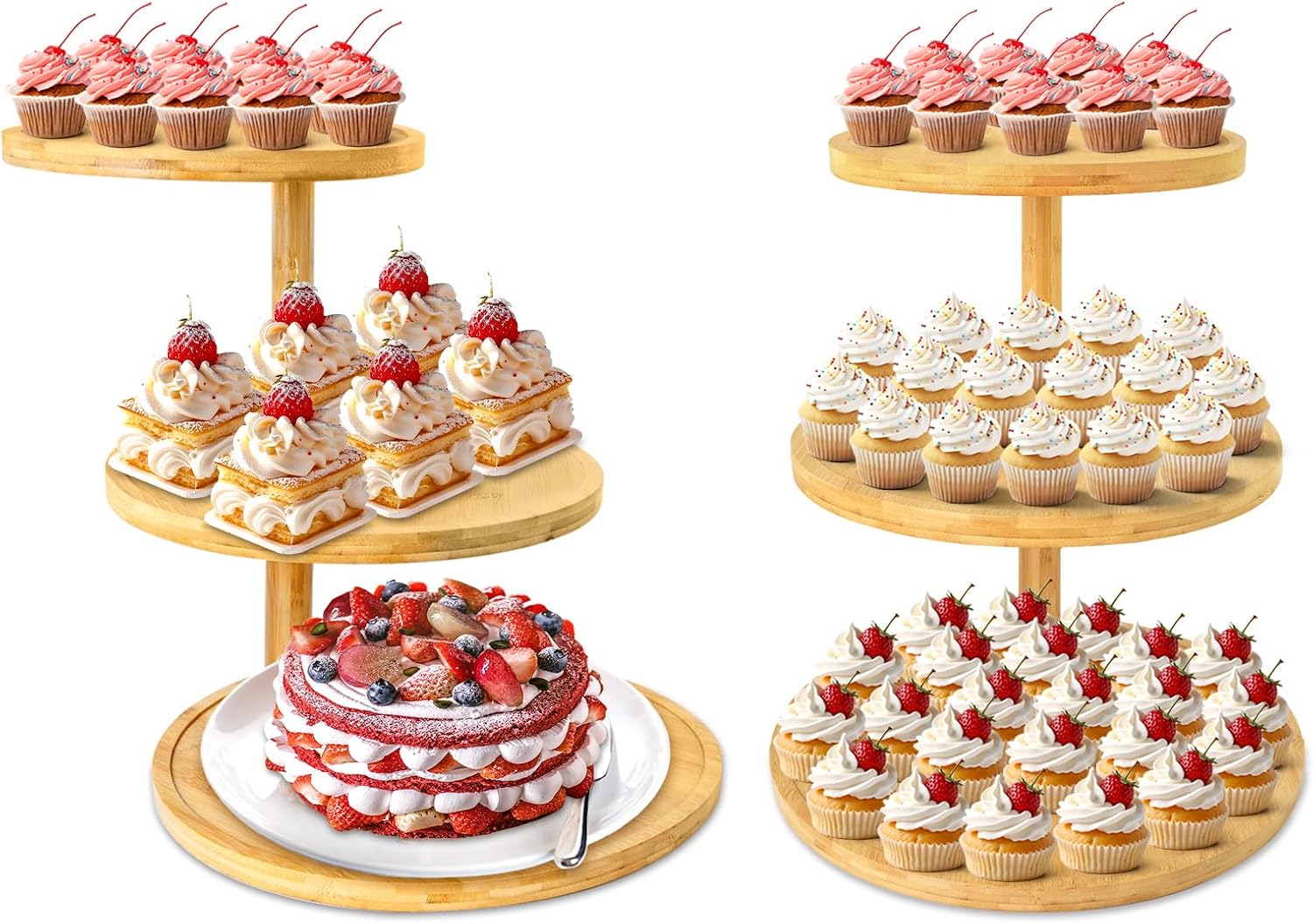 3 Tier Cupcake Stand, Wood Cupcake Tower Stand 50 Cupcakes, Large Round ...