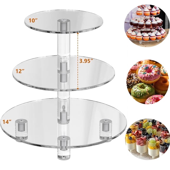 3-Tier Cupcake Tower with 10" 12" 14" Trays holds 50 cupcakes,  Clear Acrylic Dessert Display Stand for Weddings, Parties, Round Cake Stand