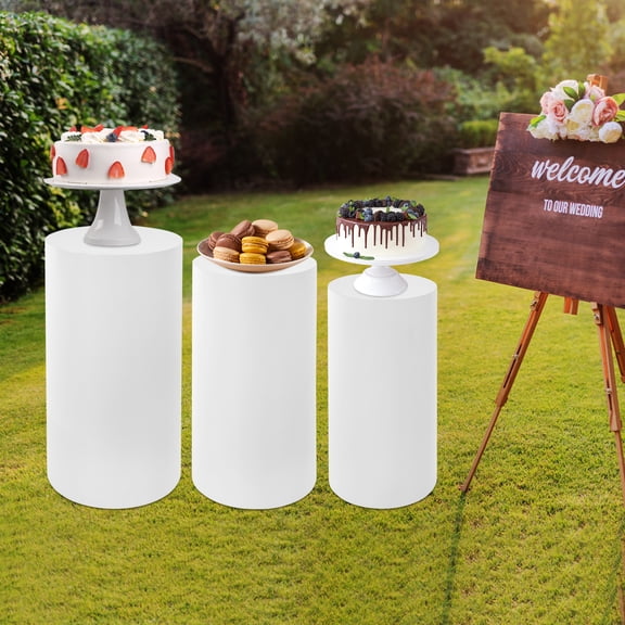 3 Tier Cylindrical Display Stand Set 3 PCS White Iron Pedestal Stands, 44-66 lbs Heavy Duty Cake Dessert Flower Stand, 19.7"/21.7"/23.6" Heights for Wedding Banquet Party Decor