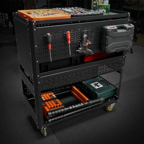 3-Tier DIY Detachable Utility Cart Storage Tool Cart With Steel Pegboard, Foldable Rolling Tool Cart with Wheels For Garage Organizer and Tool Storage