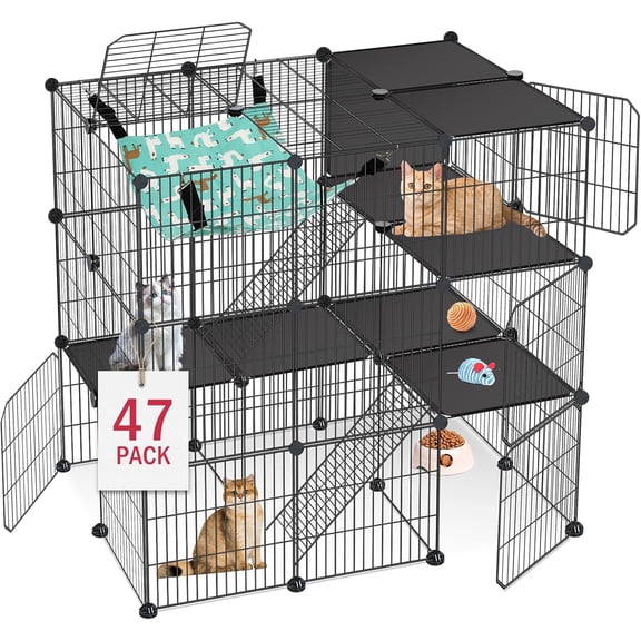 3-Tier DIY Modular Cat Cage with Hammock, Expandable Metal Wire Catio for Indoor and Outdoor Use, Large Cat Playpen and Exercise Kennel for Multi-Cat Households