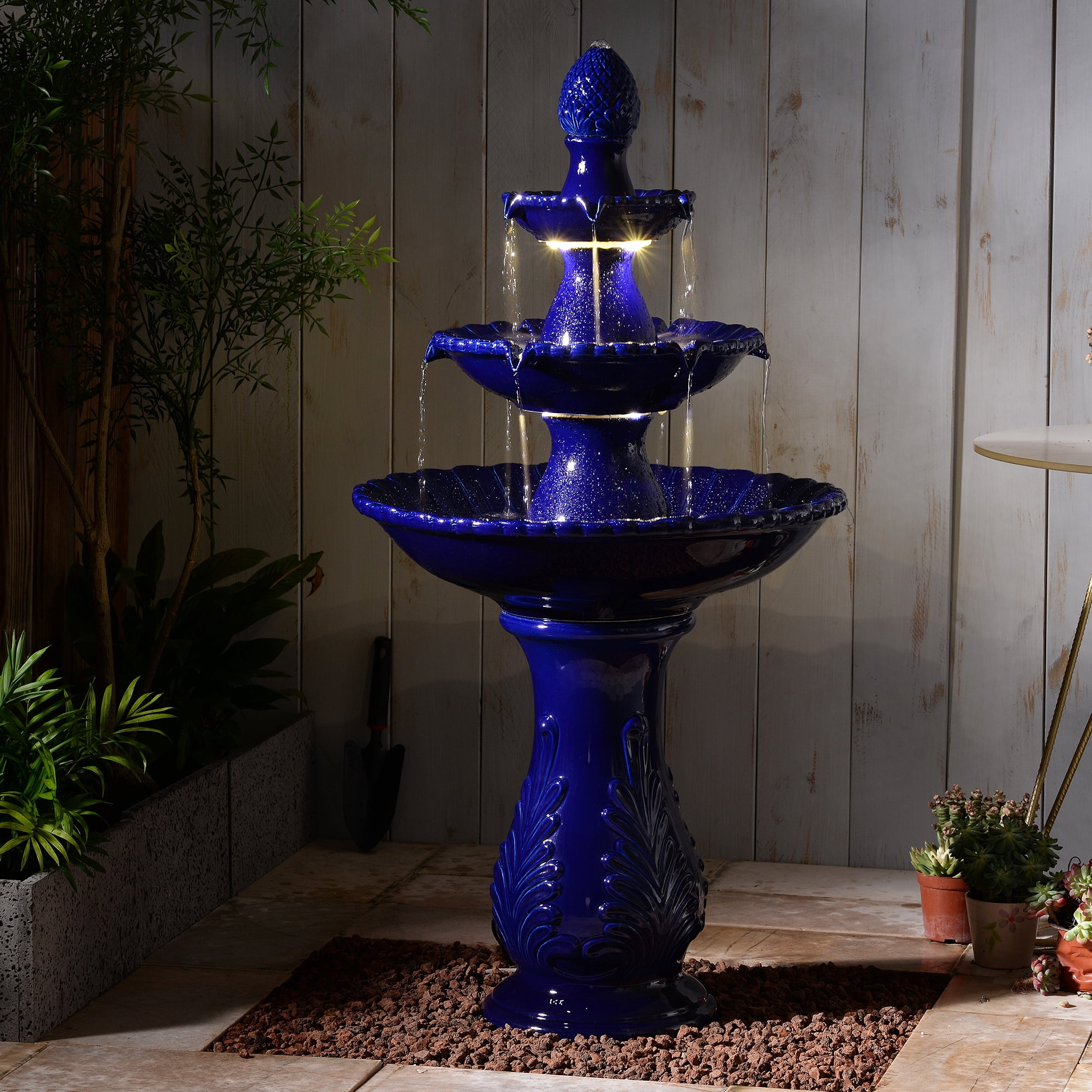 3-Tier Dark Blue Ceramic Fountain, Decorative Water Fountain with LED Lights and Quiet Pump, Indoor Outdoor Water Feature for Patio, Garden, Deck, Balcony, Office and Home Décor