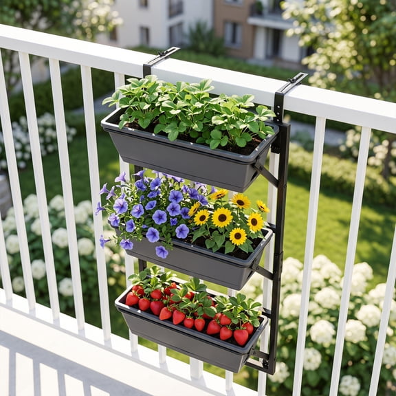 3-Tier Deck Railing Planter Boxes with Adjustable Brackets, Vertical Self Watering Flower Herb Garden Planter for Patio Porch, Black