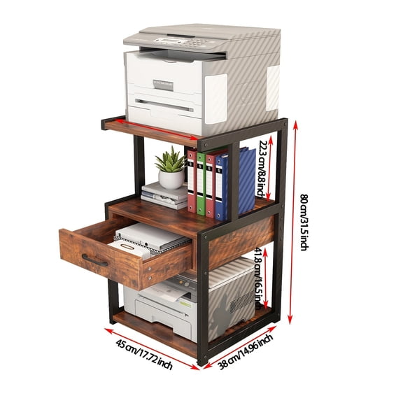 3-Tier Deluxe Printer Stand with Wheels and Drawer - Mobile Home Office Cart for Media Player, Scanner, and Rolling Filing Cabinet - Space-Saving Solution for Kitchen, Living Room, and Office
