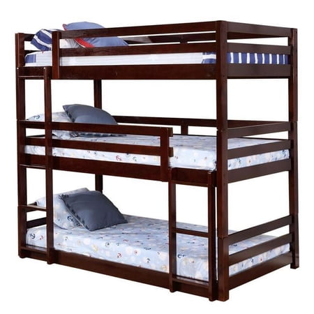 3 Tier Design Wooden Twin Size Bunk Bed with Attached Guardrails in Brown