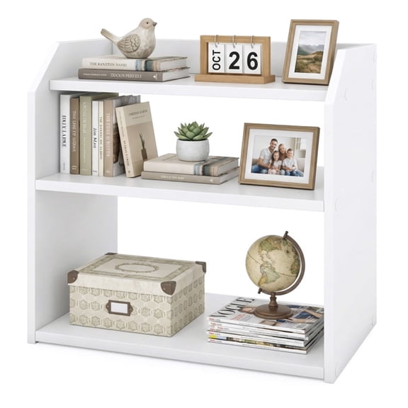 3 Tier Desk Shelf Organizer, White Wooden Tabletop Bookshelf with Guardrail, Countertop Storage Rack for Home Office