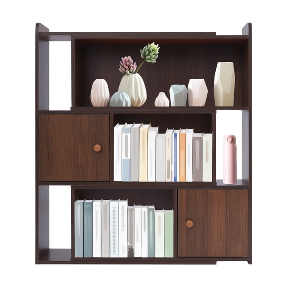 3 Tier Desktop Bookshelf Expandable Bookcase with 2 Drawers Open Design Space Saving Desktop Hutch Organizer for Home Office, Library (Deep Walnut)