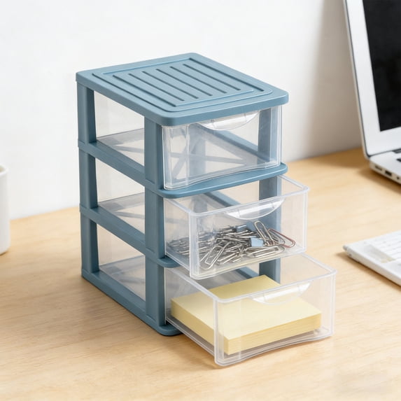 3-Tier Desktop Drawer Organizer, 6.10x4.13x9.06in Transparent Plastic Storage Box, Dustproof Multi-Purpose Container for Office Cosmetics Stationery, Blue