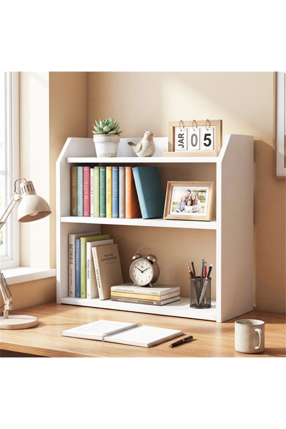 3-Tier Desktop Storage Shelf Raised Top Wide Guardrails Tabletop Organizer White Engineered Wood Home Office 33Lbs Capacity Easy Assembly Tall Space Saver Open Design Kitchen Room Usage