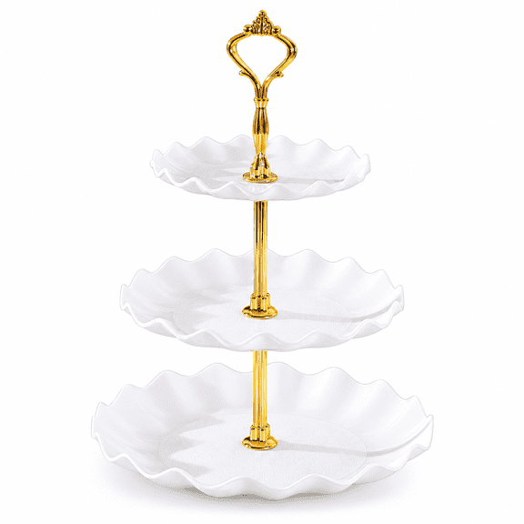 ShundaCat 3 Tier Dessert Serving Stand, Plastic Scalloped Tray with Gold-Tone Handle, White