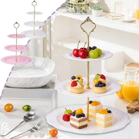 3 Tier Dessert Stand Lace-Edged Fruit Snack Tray White or Pink Plastic Cake Display Platter Gold Rod 13.8 x 9.8 in Living Room Coffee Table Server