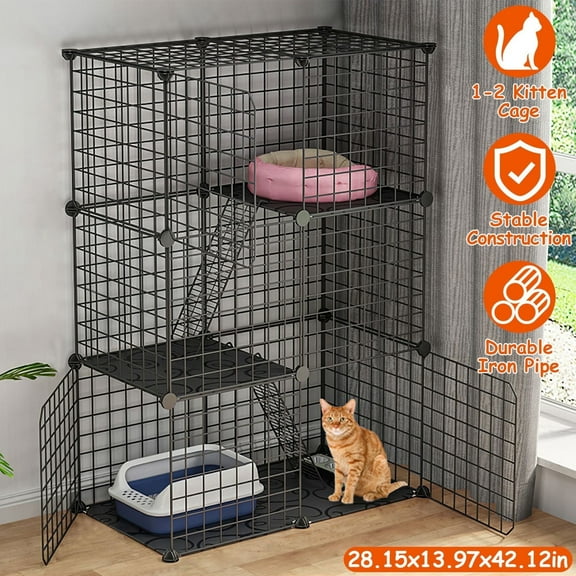 TeqHome 3-Tier Detachable Cat Cage Metal Cat Playpen Cage with 3 Doors 2 Ladders Large Cat Kennel for 1-2 Cats - 28.15"L x 13.97"W x 42.12"H, Black