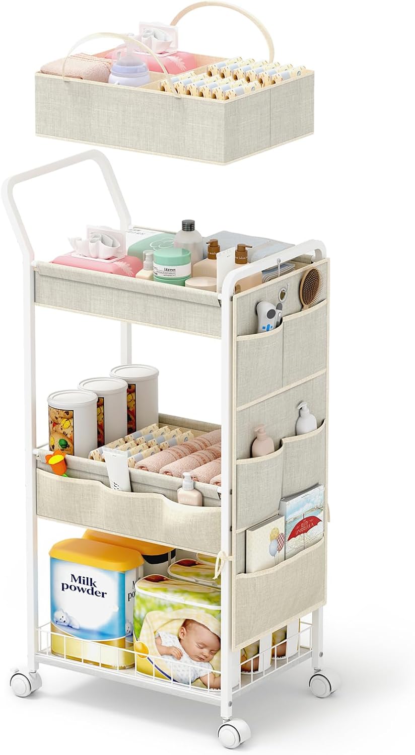 Organizer Carrello Porta Pannolini Per Neonati Bianco - Caddy Per Biberon E Accessori Bebè