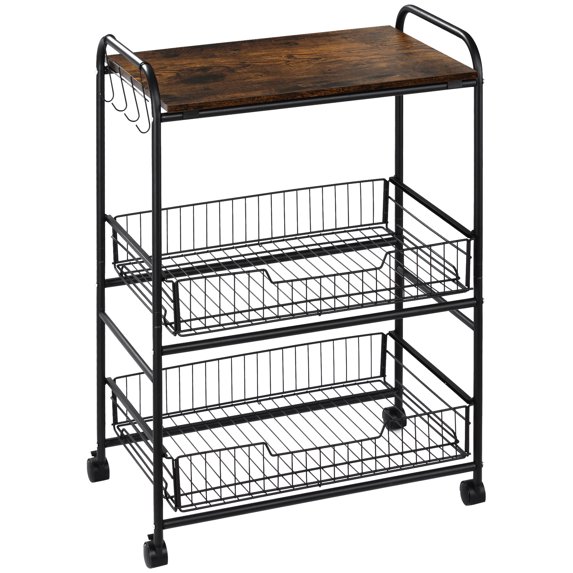3 Tier Dining Room Cart In Rustic Brown. With 2 , Side Hooks, Wheels For Versatile Storage Kitchen With Storage. Brown, Sliding Efficient And