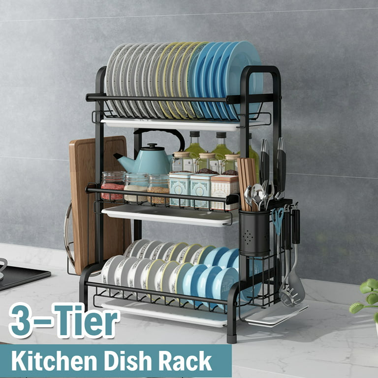 3-Tier Dish Drying Rack Kitchen Storage Shelf with Drain Board Countertop  Dinnerware Organizer Kitchen Organizer Drainer