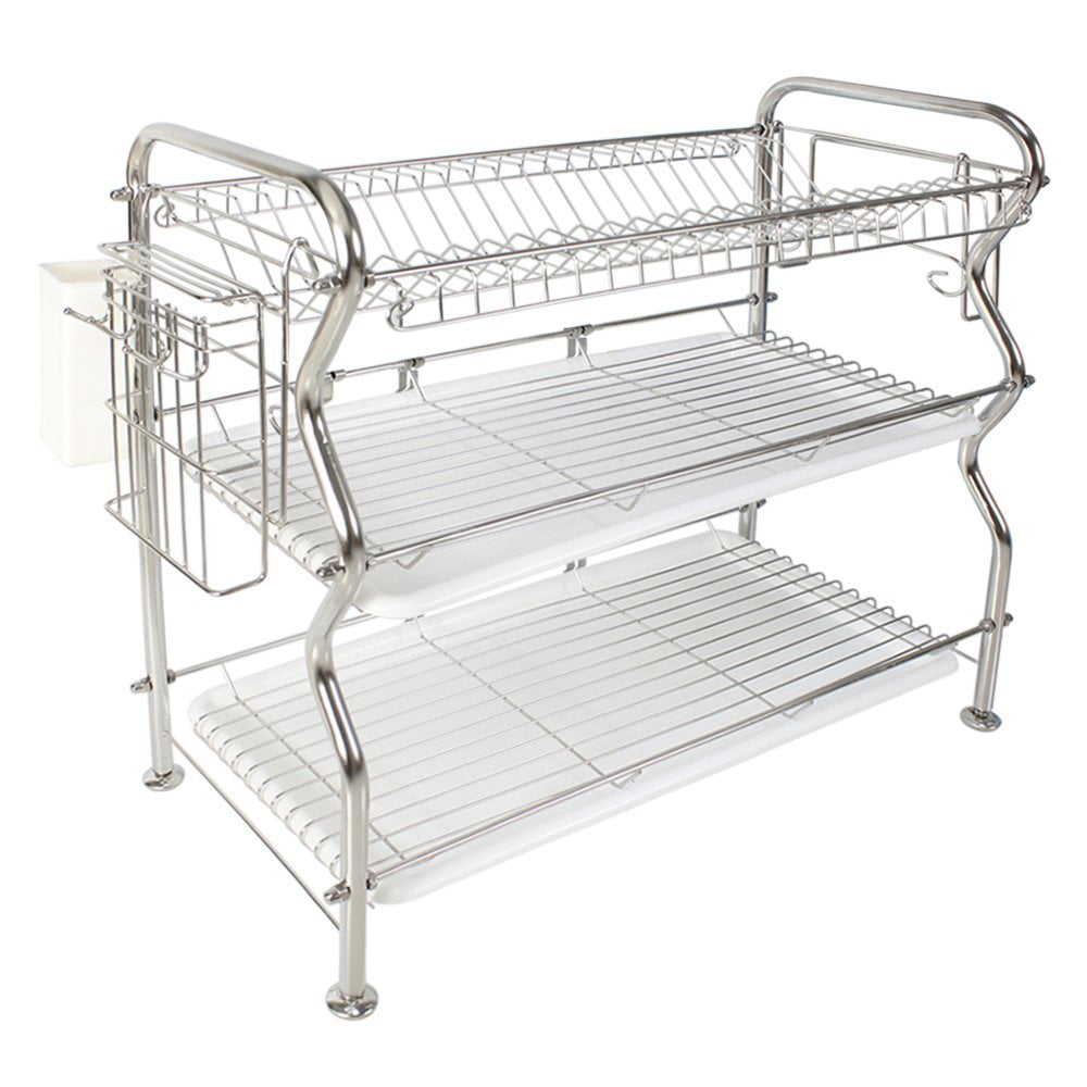3-Tier Dish Draining Rack With Utensil Holder, Draining Pan, Adjustable,  Cutting Board - Stainless Steel 