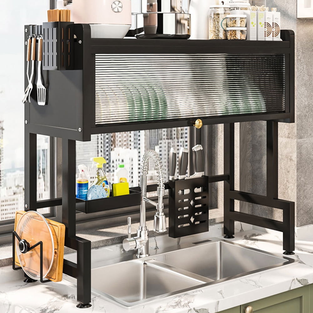 3-Tier Dish Drying Rack, 33.5" Over Sink Dish Rack for Small Kitchen, Space-Saving Dish Rack with Cover, Baskets, Utensil, Large Sink Storage Organizer Black