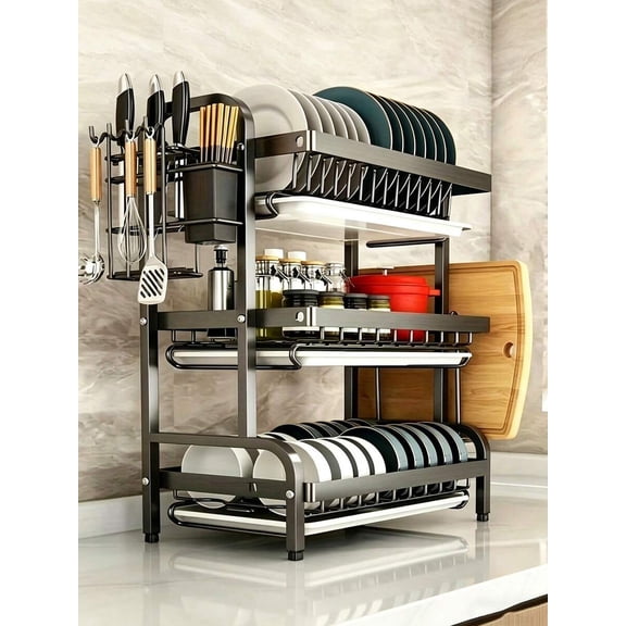 3-Tier Dish Drying Rack with Drainboard and Utensil Holder, Rust-Resistant Kitchen Countertop Dish Rack for Plates, Bowls, Cups and Kitchen Accessories