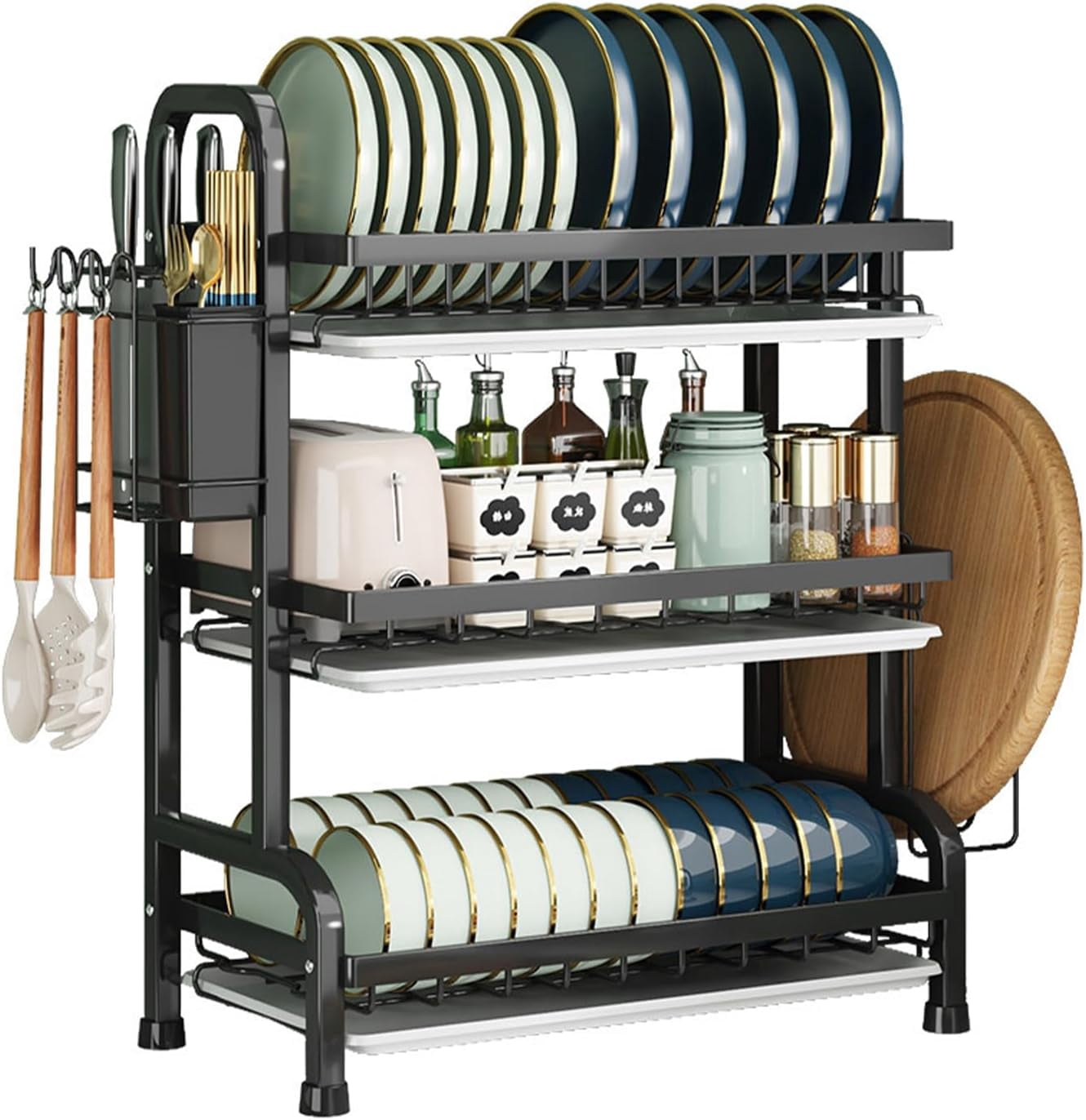 3 Tier Dish Drying Rack, Large Stainless Steel Over The Sink Dish with Drain Tray, Kitchen Dishes Drying Racks, Dish Racks for Kitchen Counter Storage (Black)$$Home Decor, Kitchen, & Other