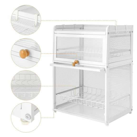 3-Tier Dish Drying Rack with Pull-Out Drain Tray Durable Carbon Steel Kitchen Organizer with Flip Door and Hooks for Plates, Bowls, and Utensils
