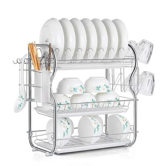 3-Tier Dish Drying Rack with Tray Utensil Holder, Large Capacity Dish Drainer with Cutting Board Holder for Kitchen Counter Organizer Storage