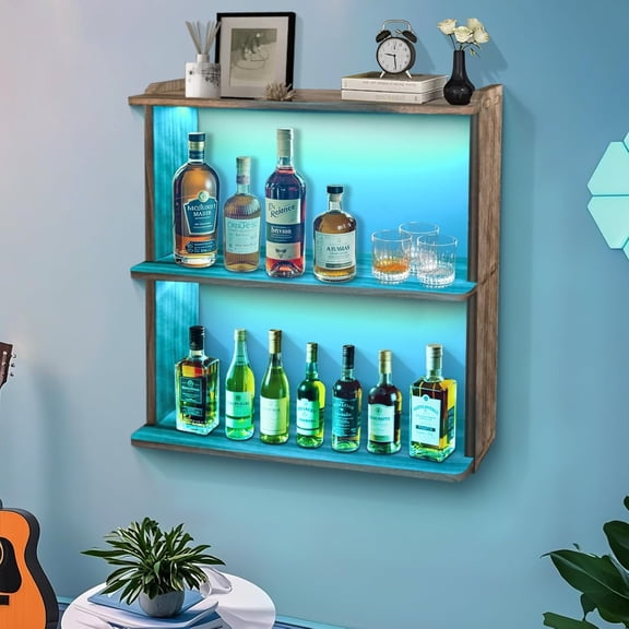 3 Tier Display Case Floating Shelf with RGB Lighting Wall Mounted Vertical Lack with Lights LED Wine Rack Liquor Bottle Display Shelf Gaming Room Wall Decor Shelves for Bedroom Living Rooms Wood