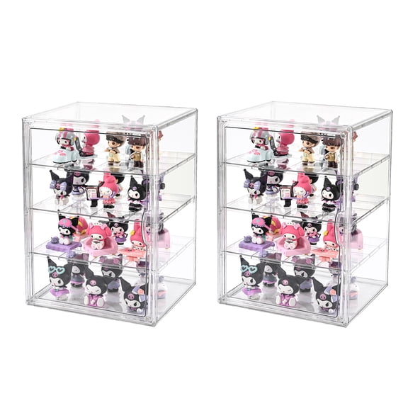2 Pack 4 Tier Display Case for Collectibles,Clear Display Box with 3 Movable Plates ,Storage Container with Magnetic Door (XXL-4 Tier-2 Pack)