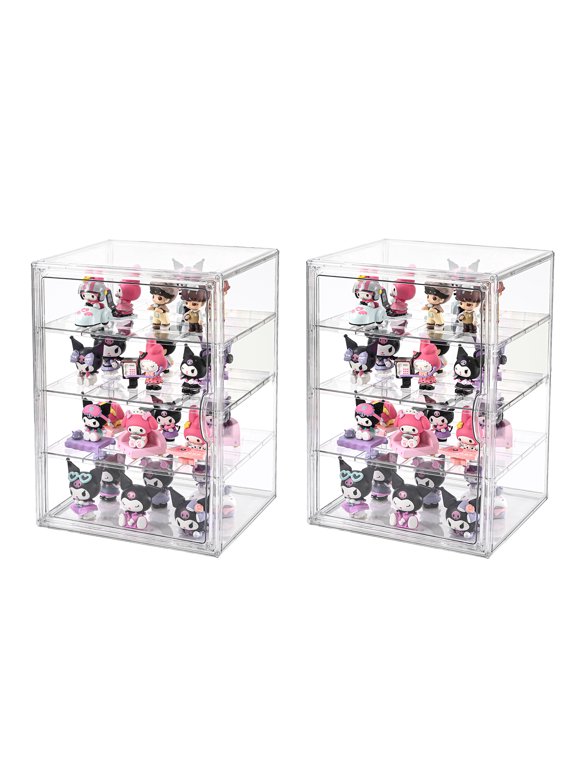 2 Pack 4 Tier Display Case for Collectibles,Clear Display Box with 3 Movable Plates ,Storage Container with Magnetic Door (XXL-4 Tier-2 Pack)