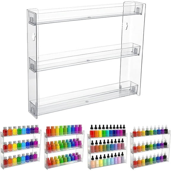 3 Tier Display Rack, Clear Paint Rack Wall-Mount (No Drill), Acrylic Craft Paint Storage Organizer, Miniature Holder for 2oz Bottle, Nail Polish Organizer, Badges, Mini Figures